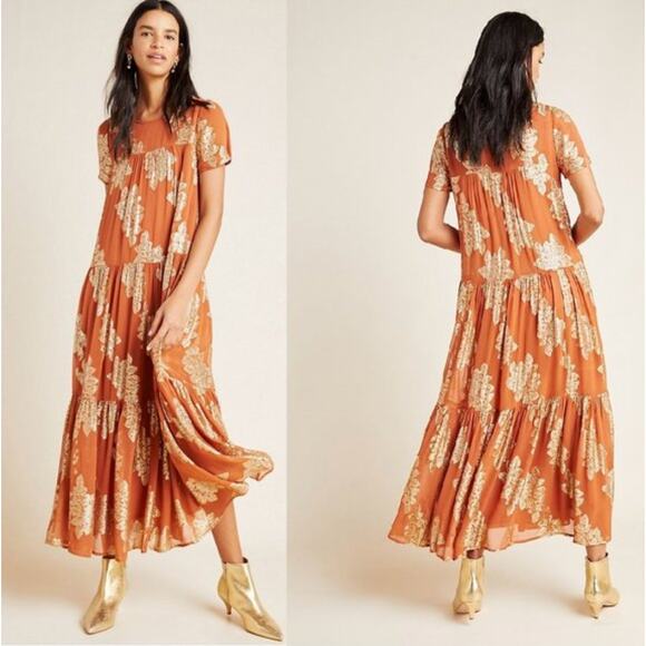 ANTHROPOLOGIE Jocasta Metallic Gold Orange Maxi Dress Sz L {3A37} -  coffeafoods.com